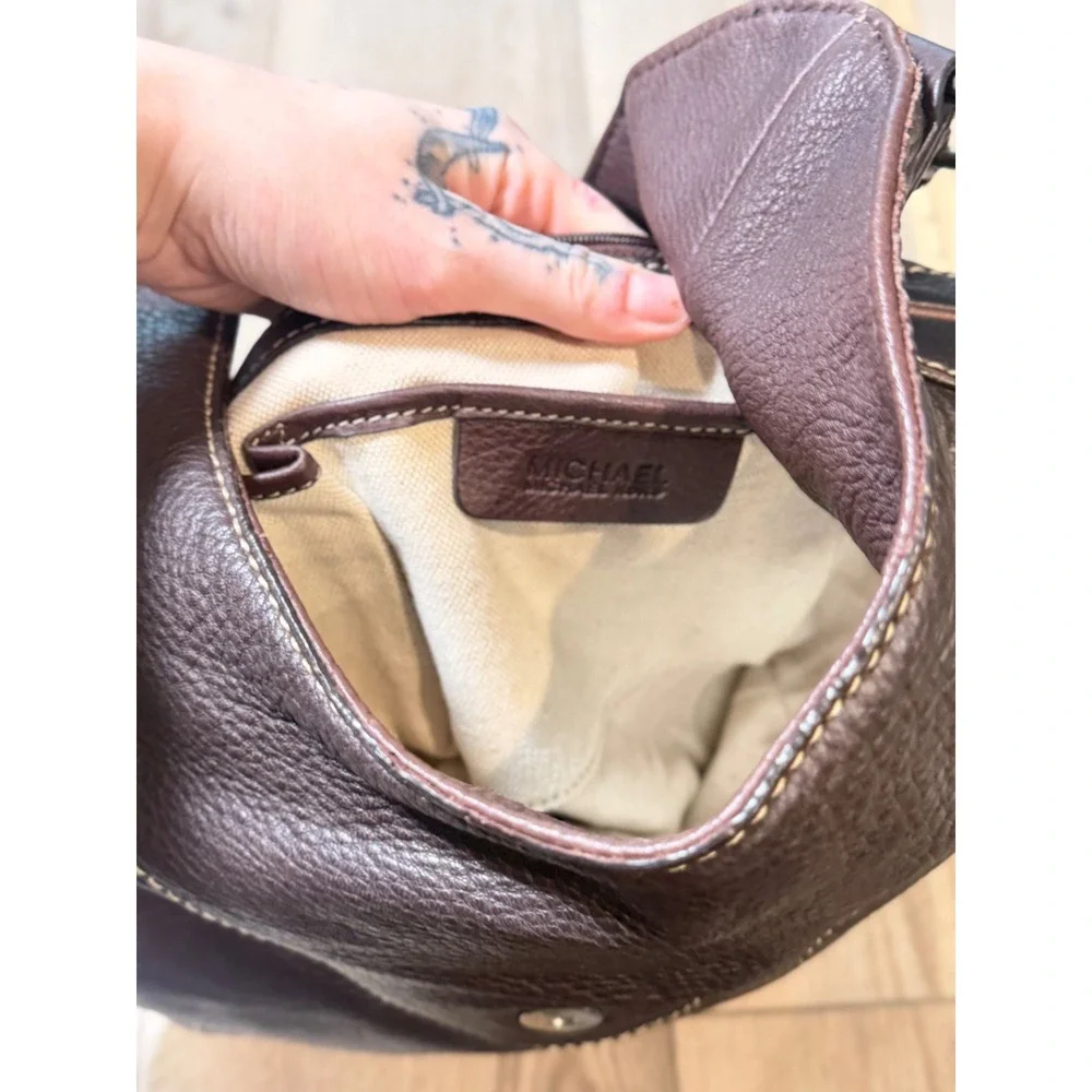 Michael Kors Brown Pebbled Leather Hobo Bag Buckle Detail Contrast Stitching